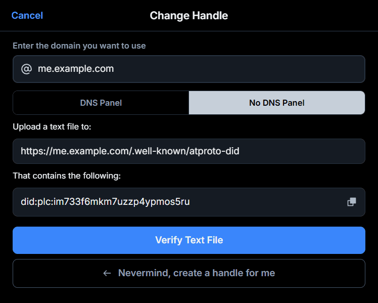 A dialog titled "Change Handle" on the Bluesky site